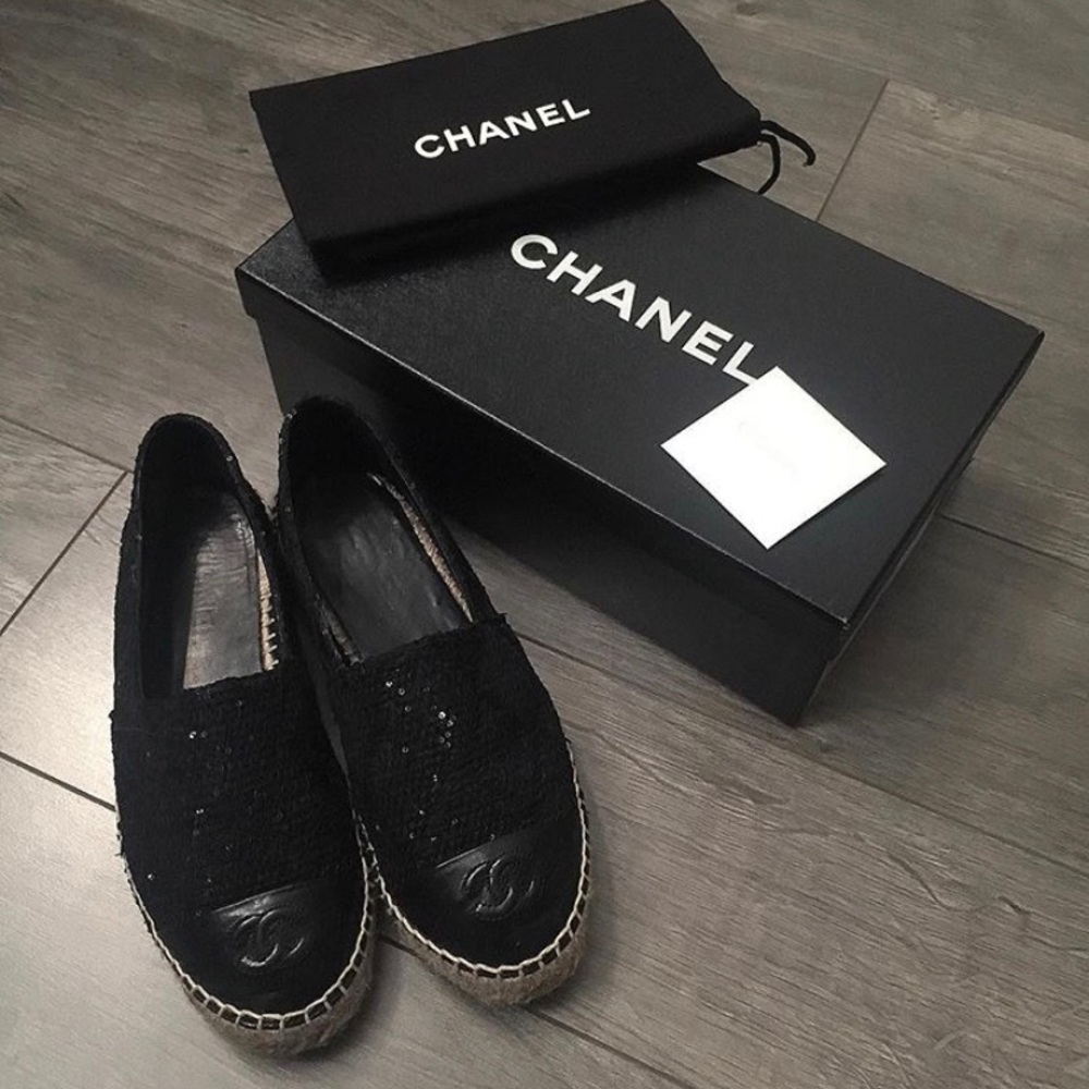 Chanel black tweed sequin espadrilles